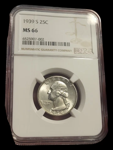 1939- S Washington Silver Quarter FRESHLY GRADED FROM NGC MS66 Bright White Cover