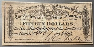 1864 $15 INTEREST RECEIPT BOND COUPON ROBERT TYLER SIGNATURE EX CONDITION regf - Picture 1 of 4