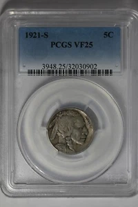 1921-S .05 PCGS VF25 Buffalo Nickel, Indian Nickel, 5 Cent Piece - Picture 1 of 2