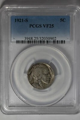 1921-S  .05  PCGS  VF25   Buffalo Nickel, Indian Nickel, 5 Cent Piece - Image 1 of 2