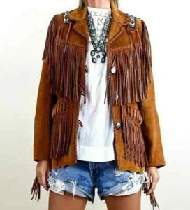 Women's Western Native American Jacket Cowgirl Suede Leather Beaded With Fringe - Picture 1 of 4
