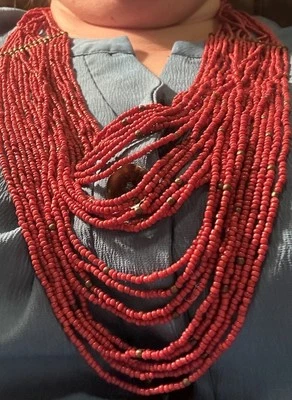 Collar Coral Tono Rojo Multi Hilo Semilla Cuentas Rojo Y Bronce Declaración Foto 1 de 4