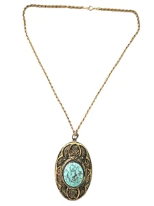 Vintage 70s Boho Pendant Necklace Faux Turquoise Cabochon Floral Gold Tone - Picture 1 of 6