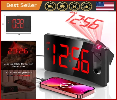 Projection Alarm Clock, 180° Rotatable Projector, LED Display, Snooze, Dimmer - Image 1 of 4