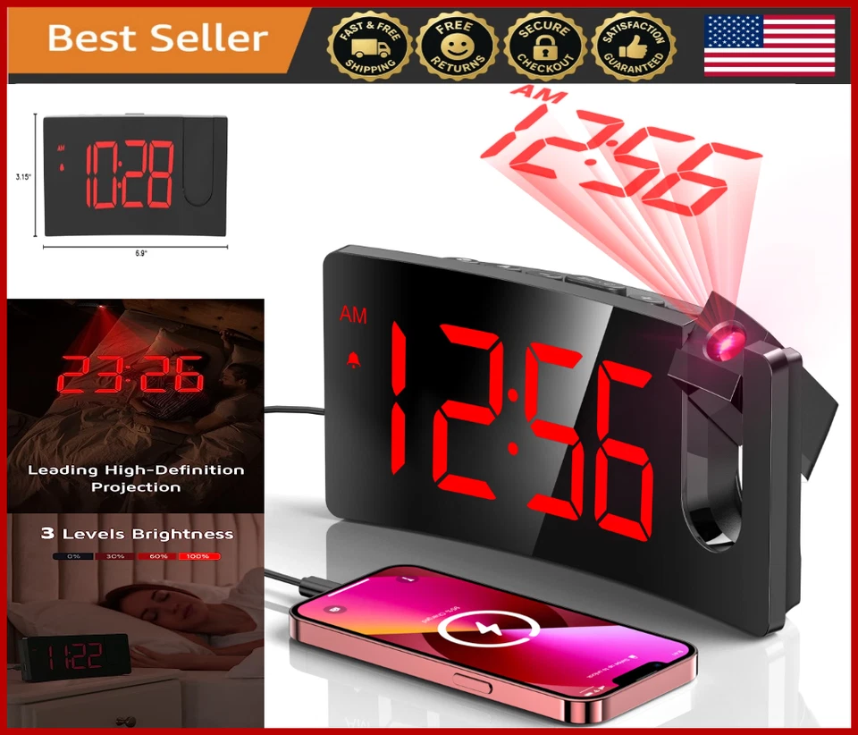 Projection Alarm Clock, 180° Rotatable Projector, LED Display, Snooze, Dimmer - Image 1 of 4