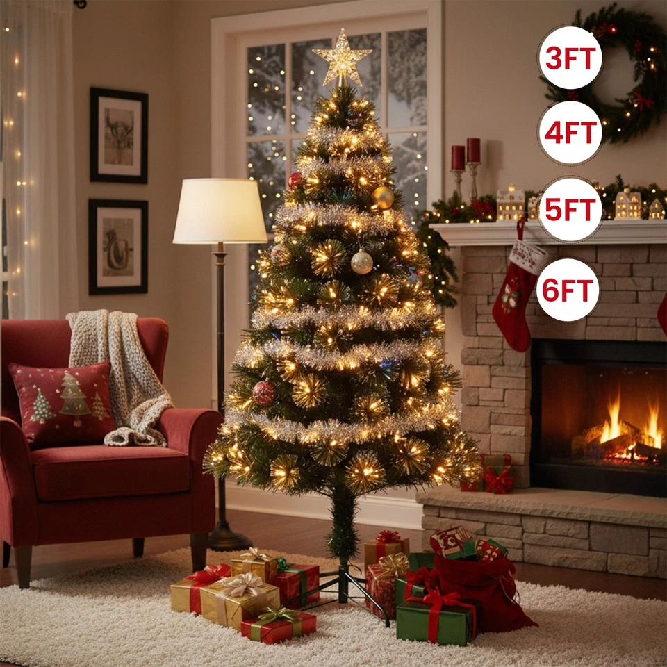 TRIMMING SHOP Fibre Optic Christmas Tree 3/4/5/6FT LED Light Up Festive Home Party Décor UK