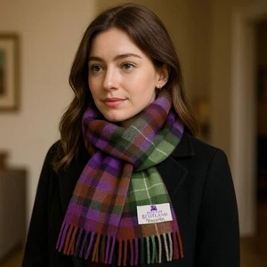 House of Scotland 100% Lambswool Plaid Scarf Purple Green Brown Fringe Vintage - Picture 1 of 4