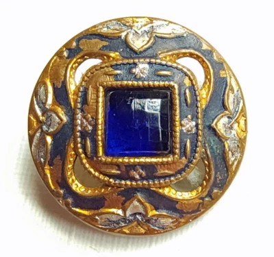 Antiguo botón de latón perforado con joyas de 1 pieza ~ joya de vidrio azul cobalto ~ 9/16" 15 mm Foto 1 de 4