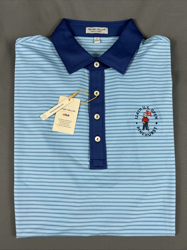 Camisa de Golf Peter Millar Polo Pinehurst EE. UU. Logo Abierto Grande Azul Rayas Poliéster Foto 1 de 4