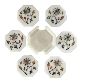 100% Genuine Stone I Abalone Shell Inlaid Coaster Set | Tea Vintage Coasters | - Picture 1 of 12