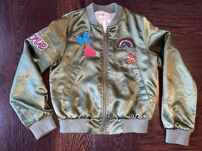 Chaqueta Bomber KANDY KISS Niñas Verde Ejército Forrada con Cremallera Pequeña 6-8 “LOVE” Arco Iris Foto 1 de 4