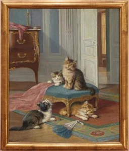 Handarbeit Altmeister-Kunst Antik Ölgemälde Tier Katzen Kätzchen auf Leinwand - Bild 1 von 2
