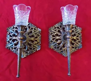 VINTAGE PAIR GOLD BLACK WALL CANDLE HOLDERS SCONES CLEAR GLASS VOLTIVE MCM RETRO - Picture 1 of 11