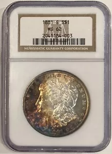 Burgunder, orange, blau getönt 1881-S Morgan Silber Dollar, NGC MS-62 - Bild 1 von 2