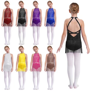 Kids Girls Unitard Modern Rompers Latin Leotard Tassel Bodysuit Sparkling Mesh - Picture 1 of 63