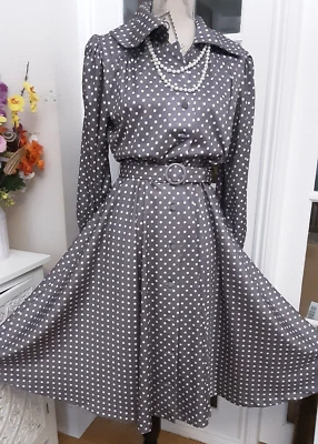 Vintage BERKERTEX Grey Polka Dot Fit & Flare Dress SIZE 18 Fits UK 12/14 - Image 1 of 4