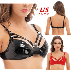 Reggiseno donna PVC pelle top club wet look bustier top lucido nightclub lingerie - Foto 1 di 28
