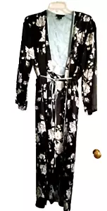 Jones New York Wrap Robe Women's S M Y2K Maxi Black & White floral Blue belt - Picture 1 of 7