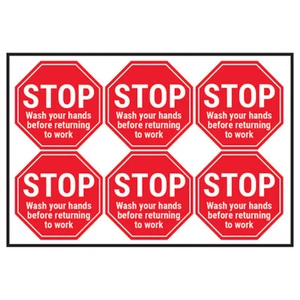 6x STOPPEN Sie die Hände waschen, bevor Sie zur Arbeit zurückkehren - Gesundheits- und Sicherheitsschild Aufkleber - Bild 1 von 1