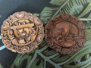 Vintage Wooden Carved Embossed Decorative 2x Wooden Plates - Picture 1 of 5