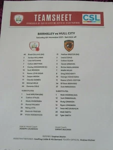BARNSLEY HULL CITY CHAMPIONSHIP NOVEMBER 2021 MATCH TEAM SHEET - Picture 1 of 1