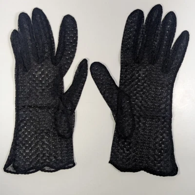 Luvas femininas de rede rendada preta com borda de vieira macia (VINTAGE, VEJA DESCRIÇÃO) - Imagem 1 de 4
