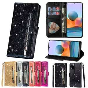 For Xiaomi Redmi Note 11s 10s 9s 8 Pro Glitter Wallet Case Card Zip Flip Cover - Picture 1 of 18