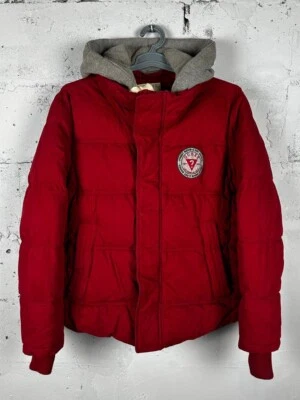 Vintage GUESS Red Hooded Puff Down Jacket Size XL - Image 1 of 4