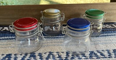 ✅ Лот из 4 маленьких цветных банок провода уплотнение откидной зажим крышка, красный синий золото зеленый - Изображение 1 из 4