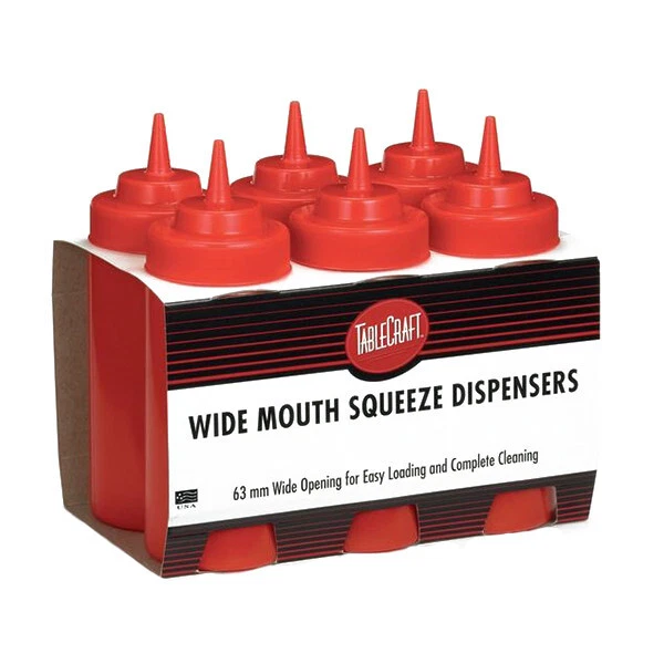 TableCraft Wide Mouth Squeeze Bottle Red, 12 oz., Plastic | 6/Pack - Image 1 of 1