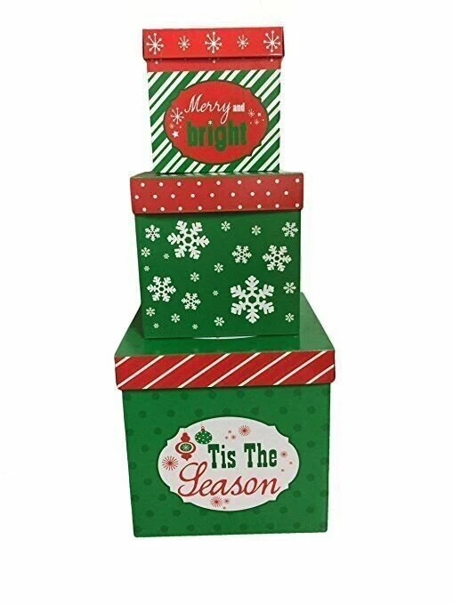 3  Christmas Gift Boxes w/ Lids Nesting Tiered Cubes for  Display or Presents - Image 1 of 1