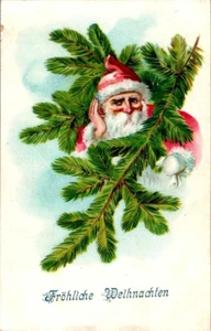 LITHO AK WEIHNACHTEN PRÄGEDRUCK WEIHNACHTSMANN SIEHT AUS EINEM TANNENZWEIG - Bild 1 von 2