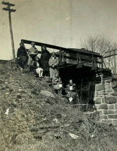 Group Of Women Sitting On Wood Train Bridge B&W Photograph 2.5 x 4.25 - Picture 1 of 3