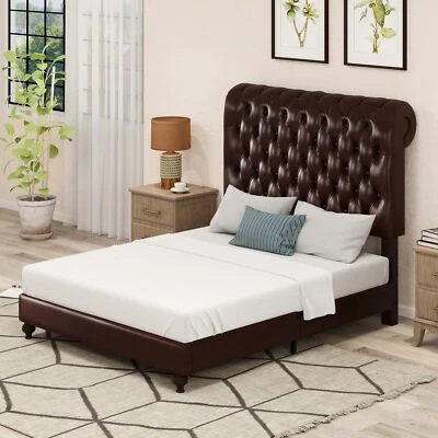 Queen/King Size PU Leather Platform Bed Frame Headboard with Wooden Slat Support - Image 1 of 4