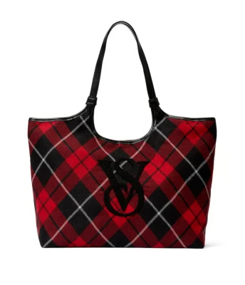 Victoria's Secret Black Red Plaid Tote Bag - Black Friday 2023 New VS Logo - Image 1 of 4