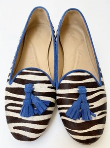 Chatelles Cornelius Zebra Print Fur Slippers Flat Shoes size 36 EUC blue tassels - Bild 1 von 5