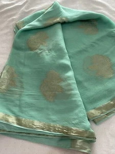 Chiffon Georgette Sari grün gold schickes elegantes Outfit - Bild 1 von 8