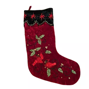 Embroidered Velvet Velour Red & Green Christmas Stocking w/ Cardinal Birds - Picture 1 of 4