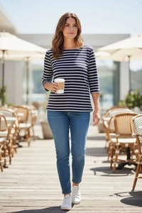 LL Bean French Sailor’s Shirt U-Boot Neck Striped Navy Cream Damen L - Bild 1 von 6