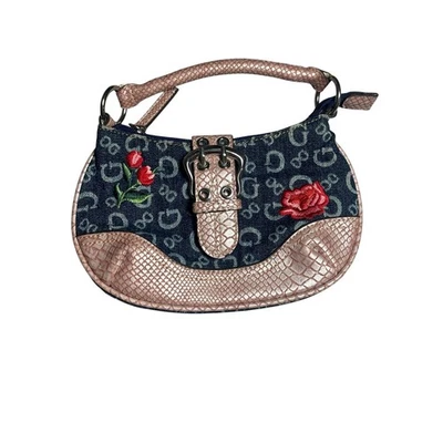 RARO Y2K Guess Monograma Denim Mini Bolso Rosa Piel de Serpiente Bordado Floral Foto 1 de 4