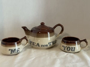 Vintage Tea For Two Me & You Brown Stoneware Teapot With Cups 16oz Teapot Decor  - Picture 1 of 11