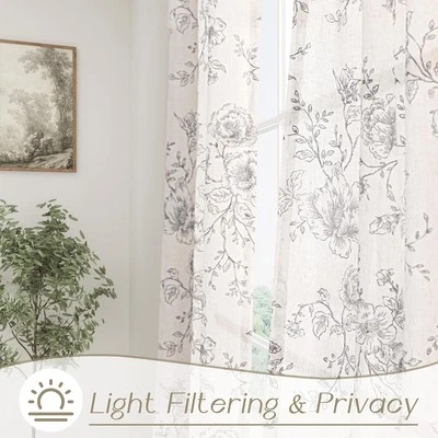 Cortinas Florales de Lino para Comedor 84 pulgadas de Largo 2 Paneles Neutro Crema Negro Foto 1 de 4