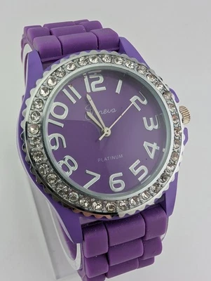 Geneva Platinum Watch Women 38mm Case Crystal Purple Silicone Band- New Battery - Image 1 of 4