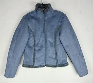 Vintage LL Bean Faux Suede Sherpa-Lined Jacket Women’s Small Blue Embroidered - Picture 1 of 15