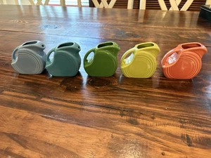Fiesta Mini Disc Pitchers: Periwinkle-Turquoise-Shamrock-Lemongrass-Persimmon - Picture 1 of 7
