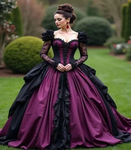 Gothic Purple Black Wedding Dresses Boat Neck Long Sleeves Ruffled Bridal Gowns - Picture 1 of 8