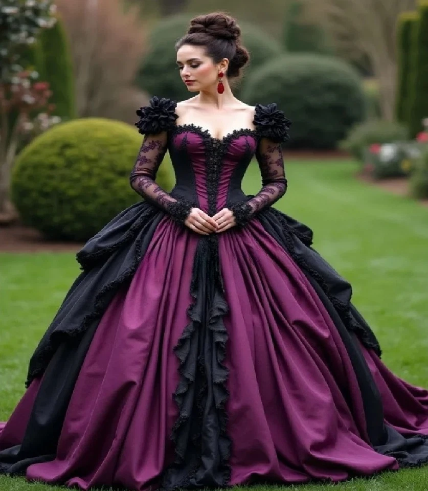 Gothic Purple Black Wedding Dresses Boat Neck Long Sleeves Ruffled Bridal Gowns - Image 1 of 4