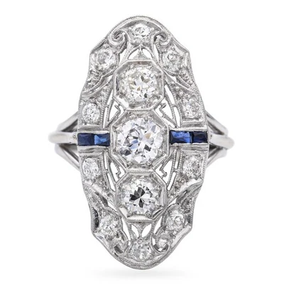 Anillo de cena Art Deco de oro blanco de 13 k y platino de diamantes de 1,33 tcw Foto 1 de 4