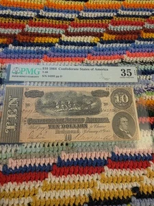 1864 $10 CONFEDERATE STATES OF AMERICA NOTE  Choice Very Fine 35 - Picture 1 of 4