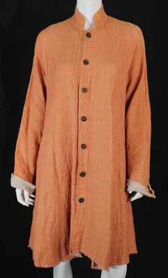 ESKANDAR Orange Linen Standing Collar Knee-Length Button-Front Jacket 0 O/S - Image 1 of 4